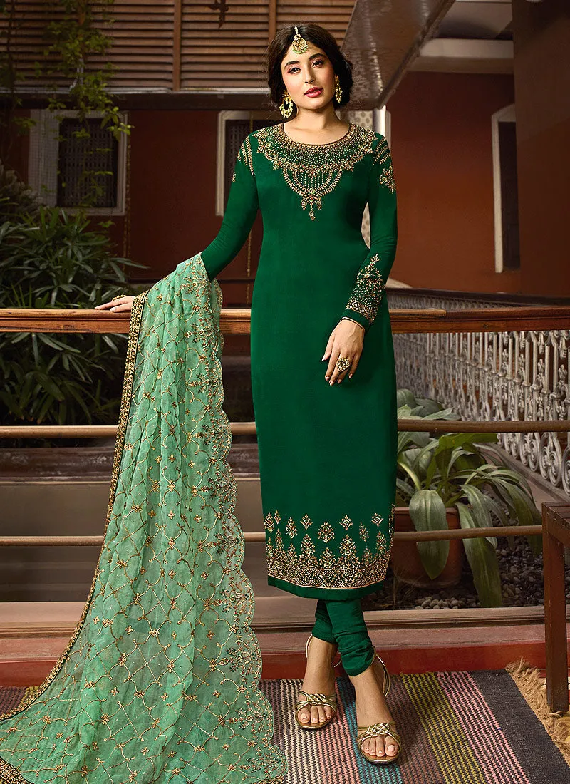 Green Dual Tone Multi Embroidered Designer Pakistani Pant Suit