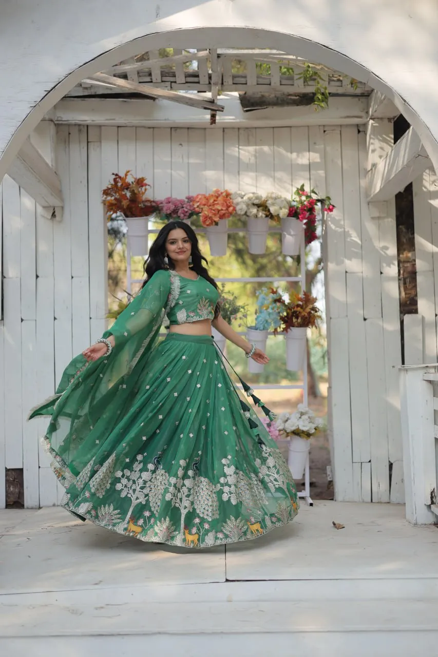 Green Elegant Gold Coin Lehenga Choli with Sequins & Thread Embroidery