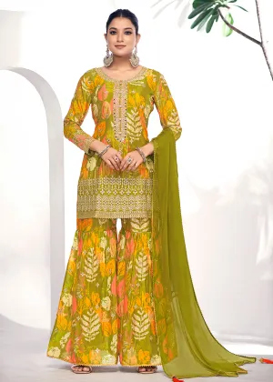 Green Embroidered & Printed Festive Gharara Suit