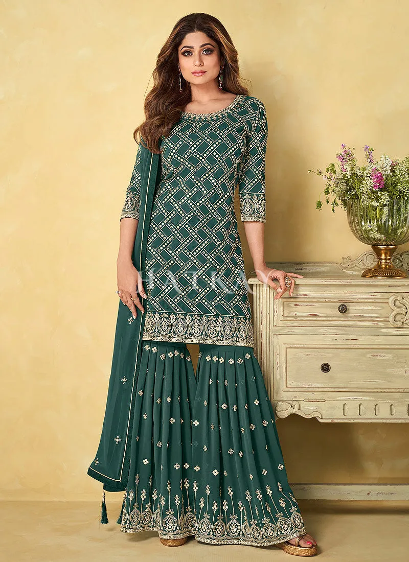 Green Embroidered Celebrity Style Gharara Suit