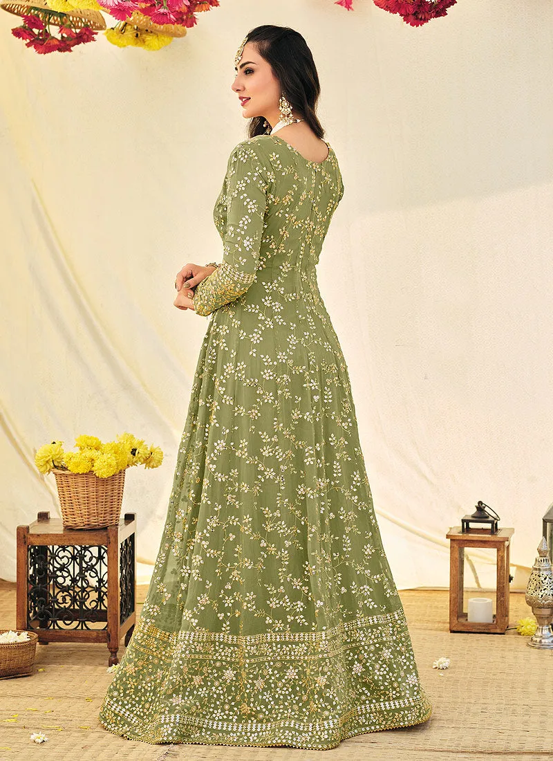 Green Embroidered Georgette Indian Anarkali