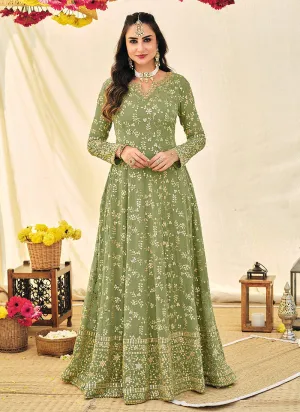 Green Embroidered Georgette Indian Anarkali