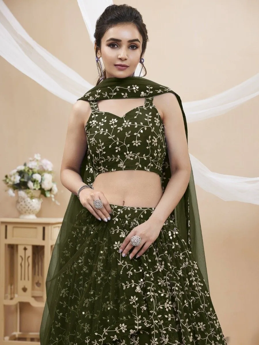 Green Embroidered Georgette Mehendi Wear Lehenga Choli