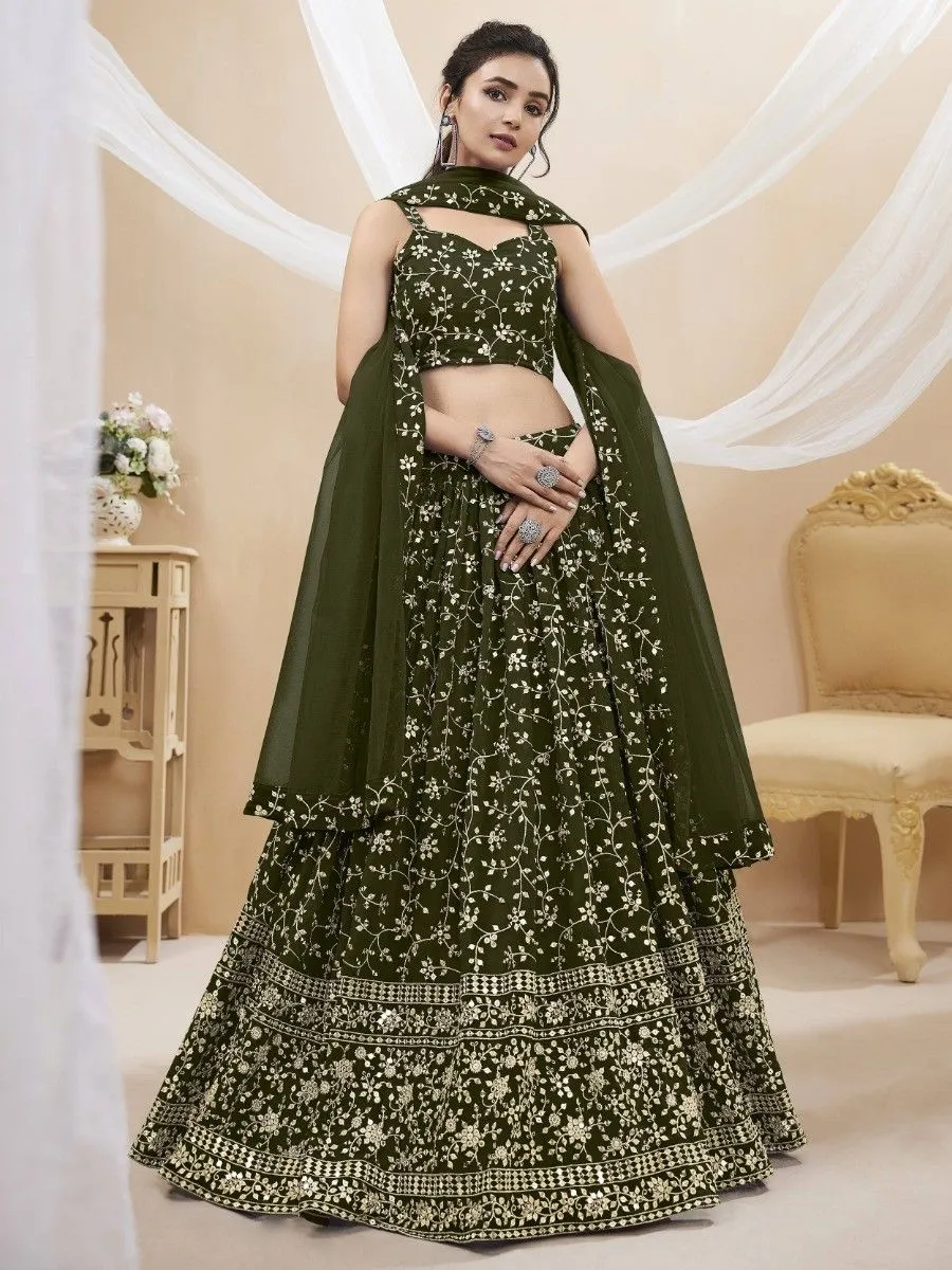 Green Embroidered Georgette Mehendi Wear Lehenga Choli