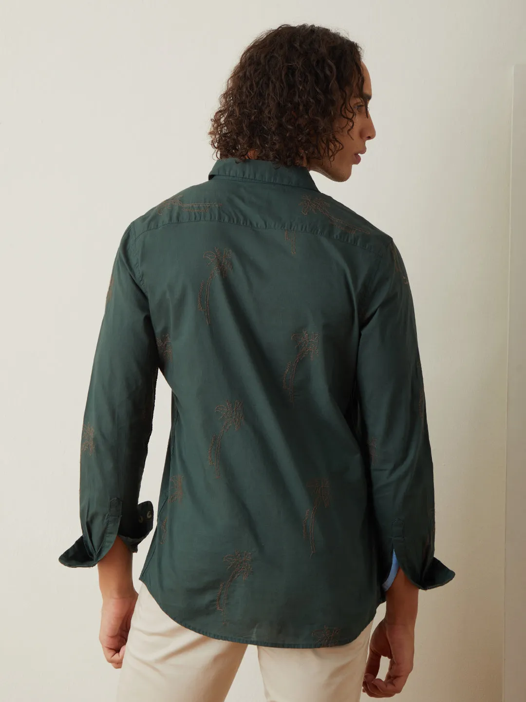 Green Embroidered Plain Casual Shirt