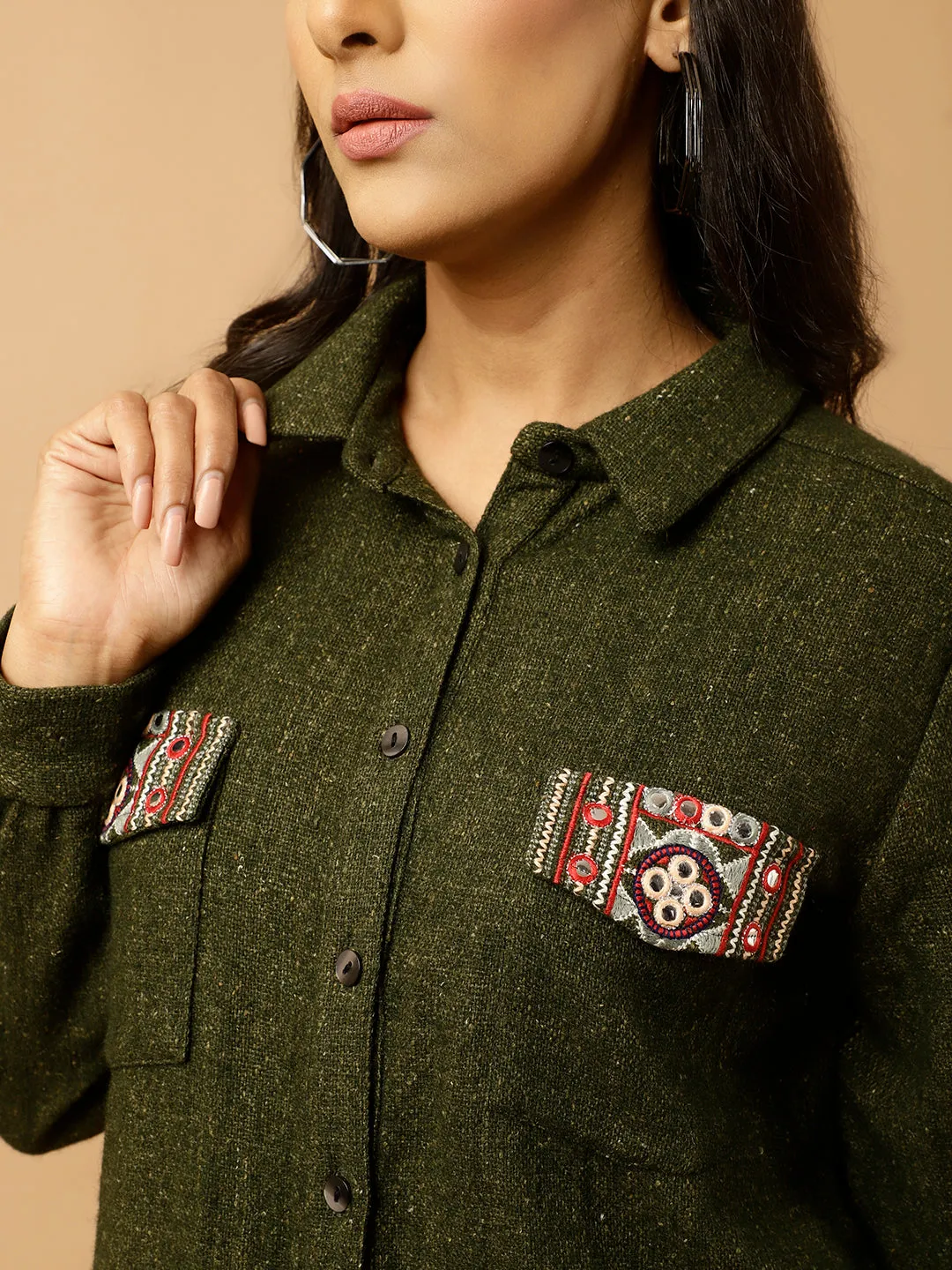 Green Embroidered Woolen Shirt