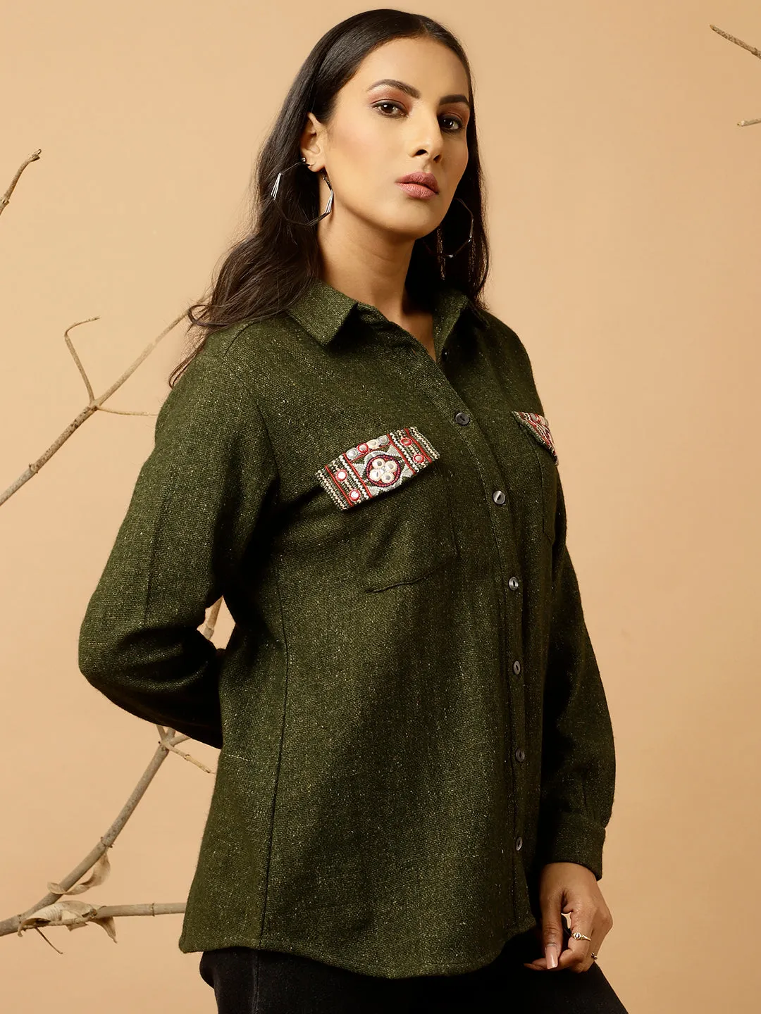 Green Embroidered Woolen Shirt