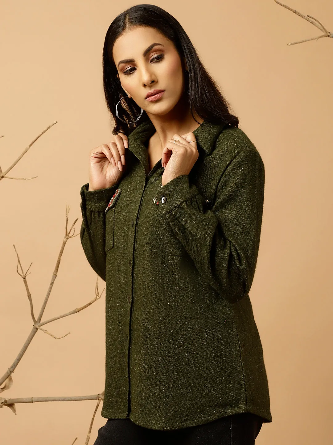 Green Embroidered Woolen Shirt