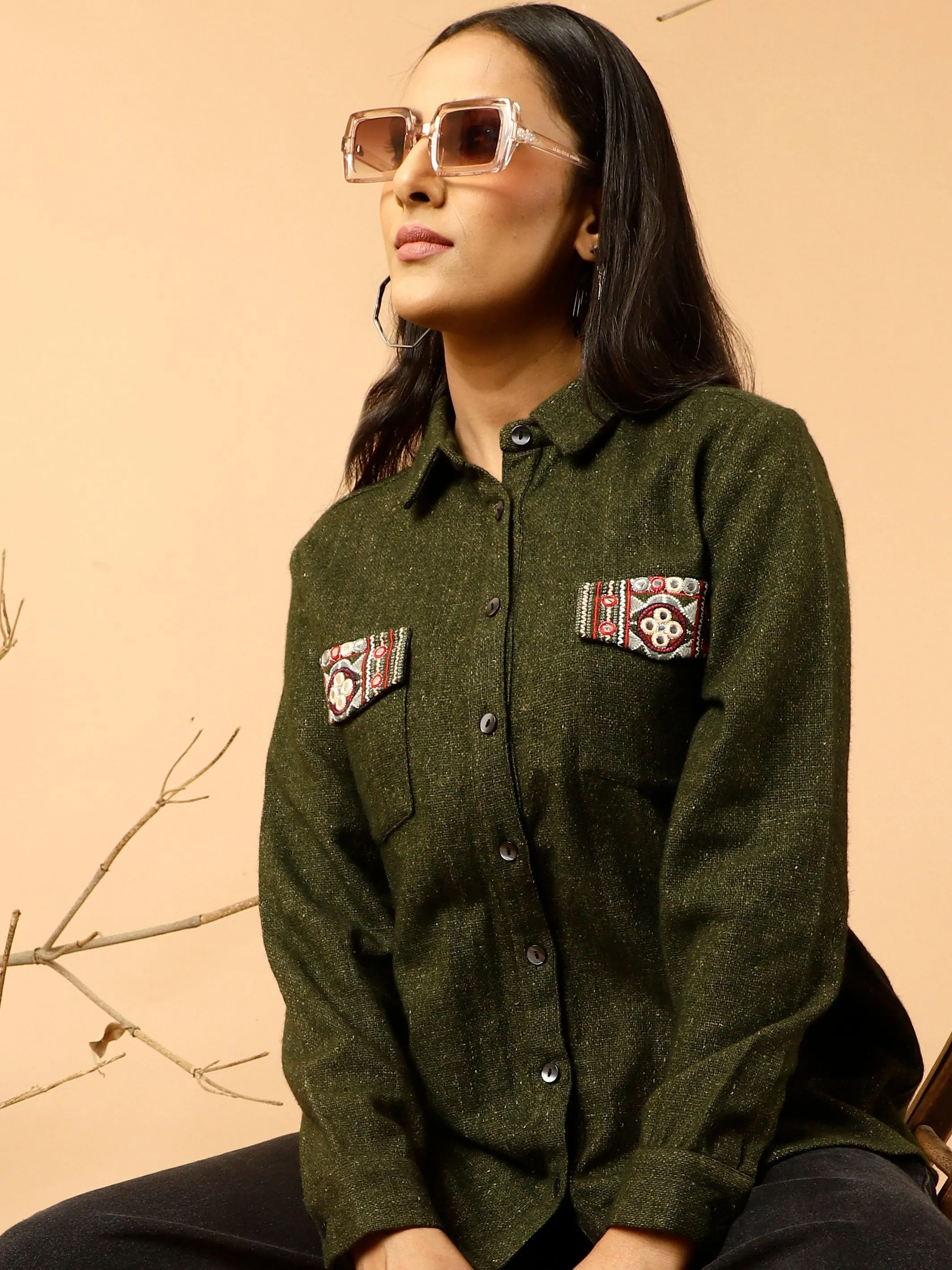 Green Embroidered Woolen Shirt