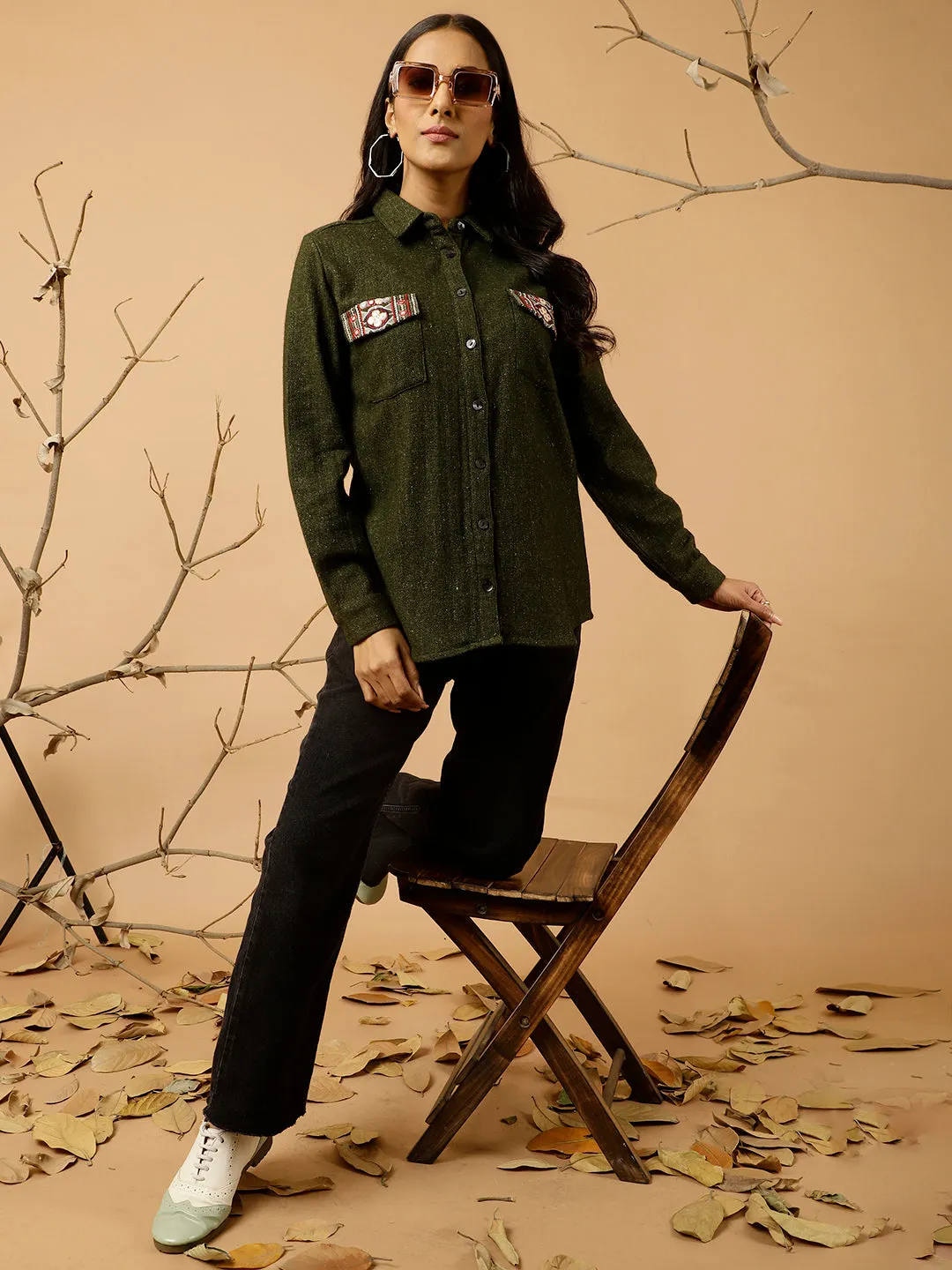 Green Embroidered Woolen Shirt