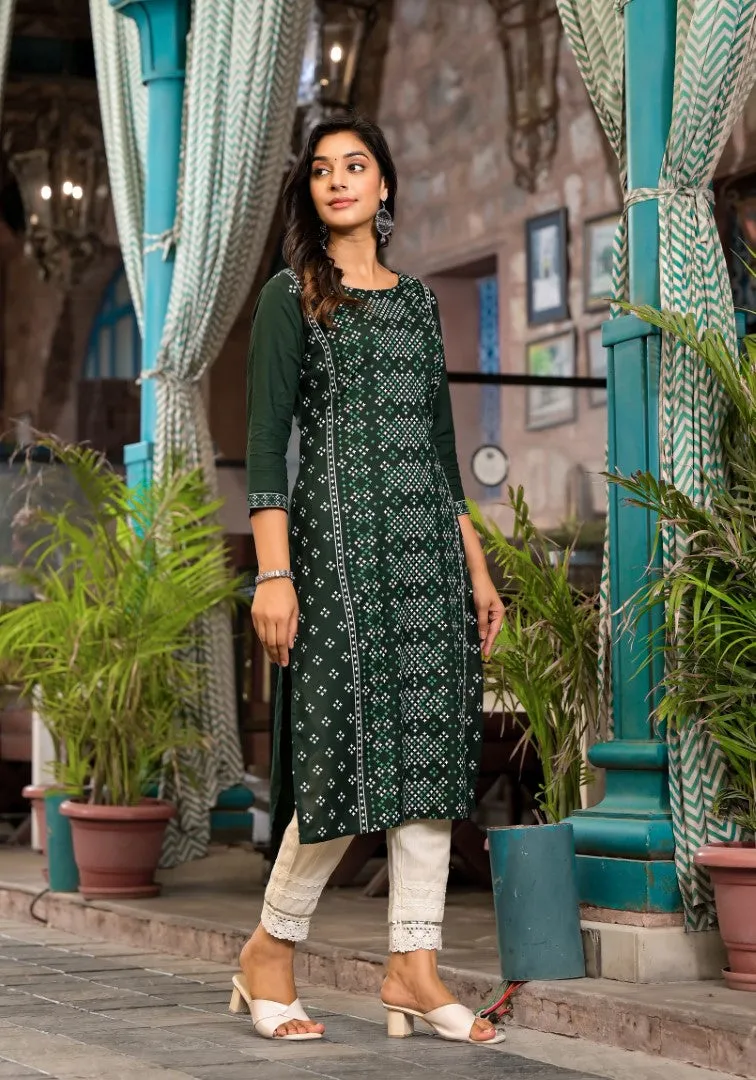 Green Ethnic Motif Printed Round Neck  Rayon Kurta With Straight Hemline