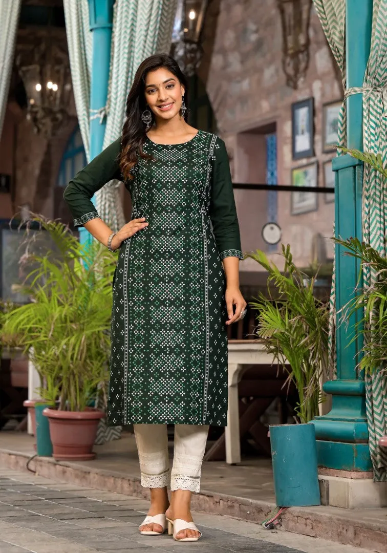 Green Ethnic Motif Printed Round Neck  Rayon Kurta With Straight Hemline