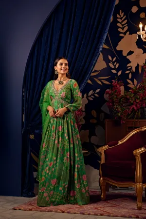 Green Ethnic Printed Anarkali with Dupatta