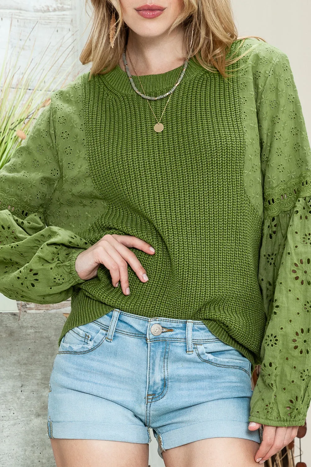 Green Eyelet Drop Shoulder Long Sleeve Pullover Sweater