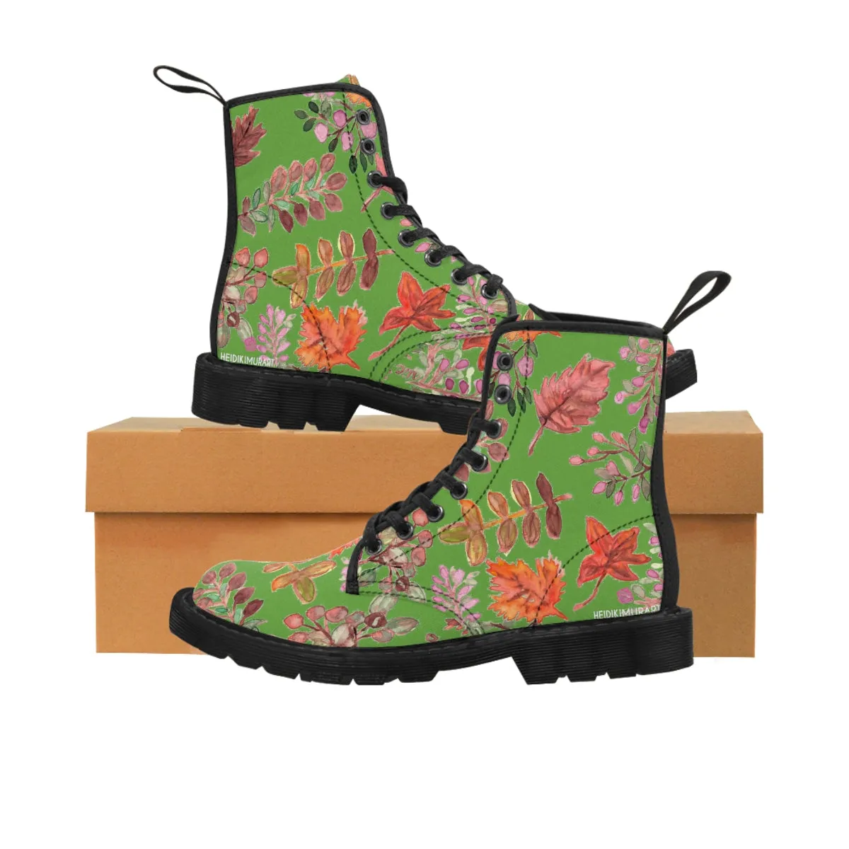 Green Fall Women's Boots, Fall Leaves Print Women's Boots, Best Winter Boots For Women (US Size 6.5-11)