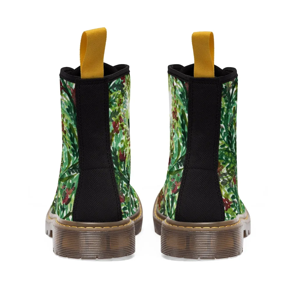 Green Floral Print Women's Boots, Best Flower Printed Winter Cute Hiking Boots For Ladies