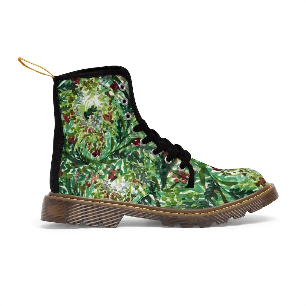 Green Floral Print Women's Boots, Best Flower Printed Winter Cute Hiking Boots For Ladies