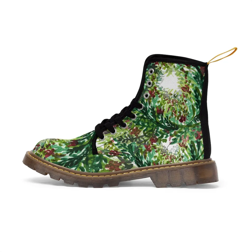 Green Floral Print Women's Boots, Best Flower Printed Winter Cute Hiking Boots For Ladies