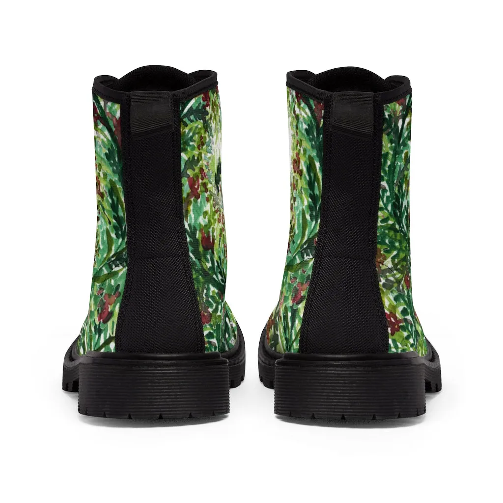 Green Floral Print Women's Boots, Best Flower Printed Winter Cute Hiking Boots For Ladies