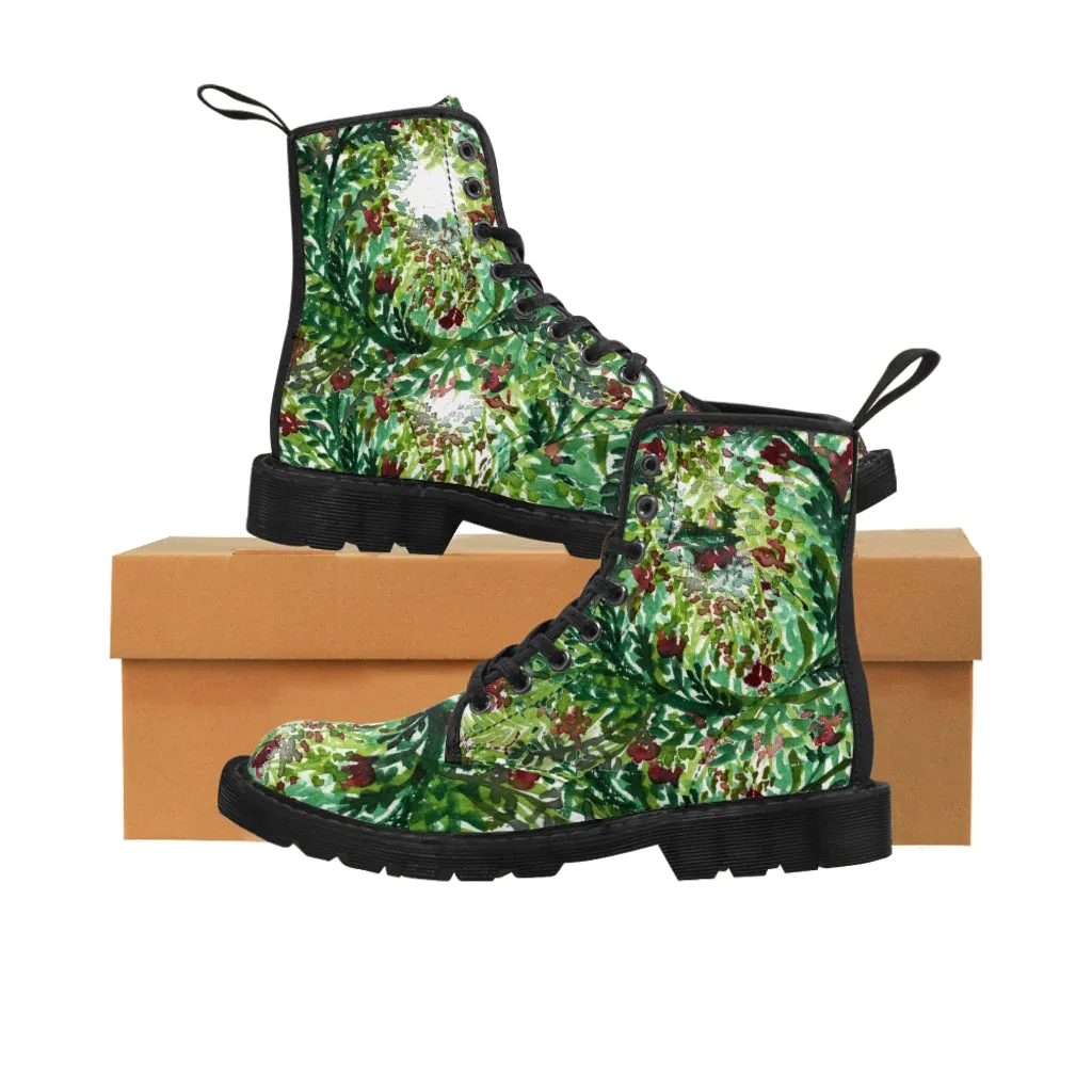 Green Floral Print Women's Boots, Best Flower Printed Winter Cute Hiking Boots For Ladies