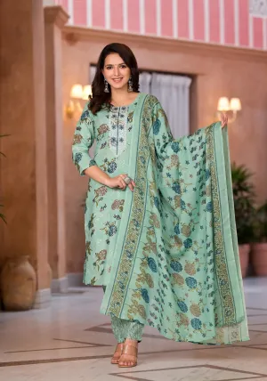 Green Floral Printed Cotton Kurta Pant And Dupatta Set With Thread Work