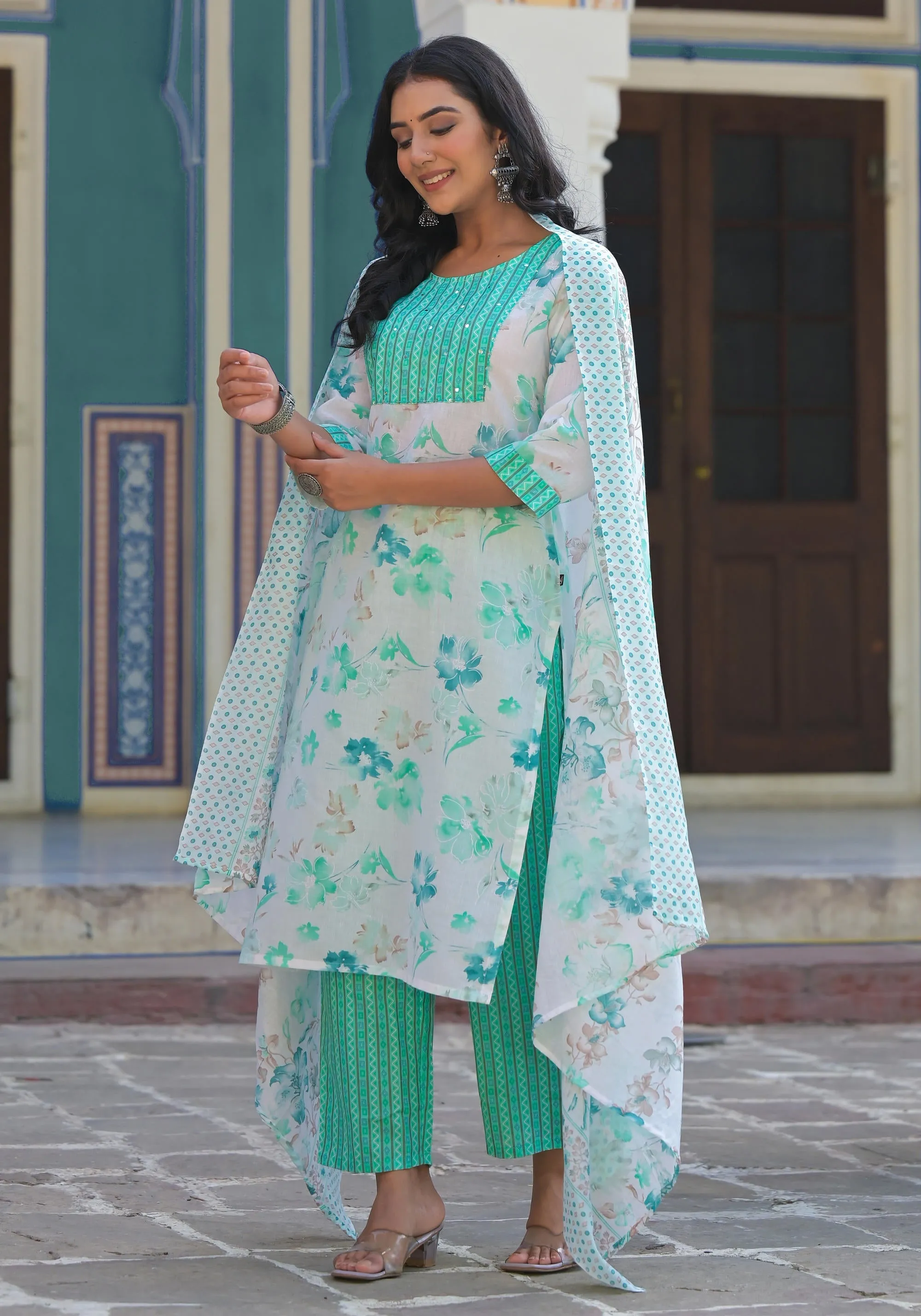 Green Floral Printed Cotton Kurta Pant With Dupatta Set With Sequins & Mirror Work