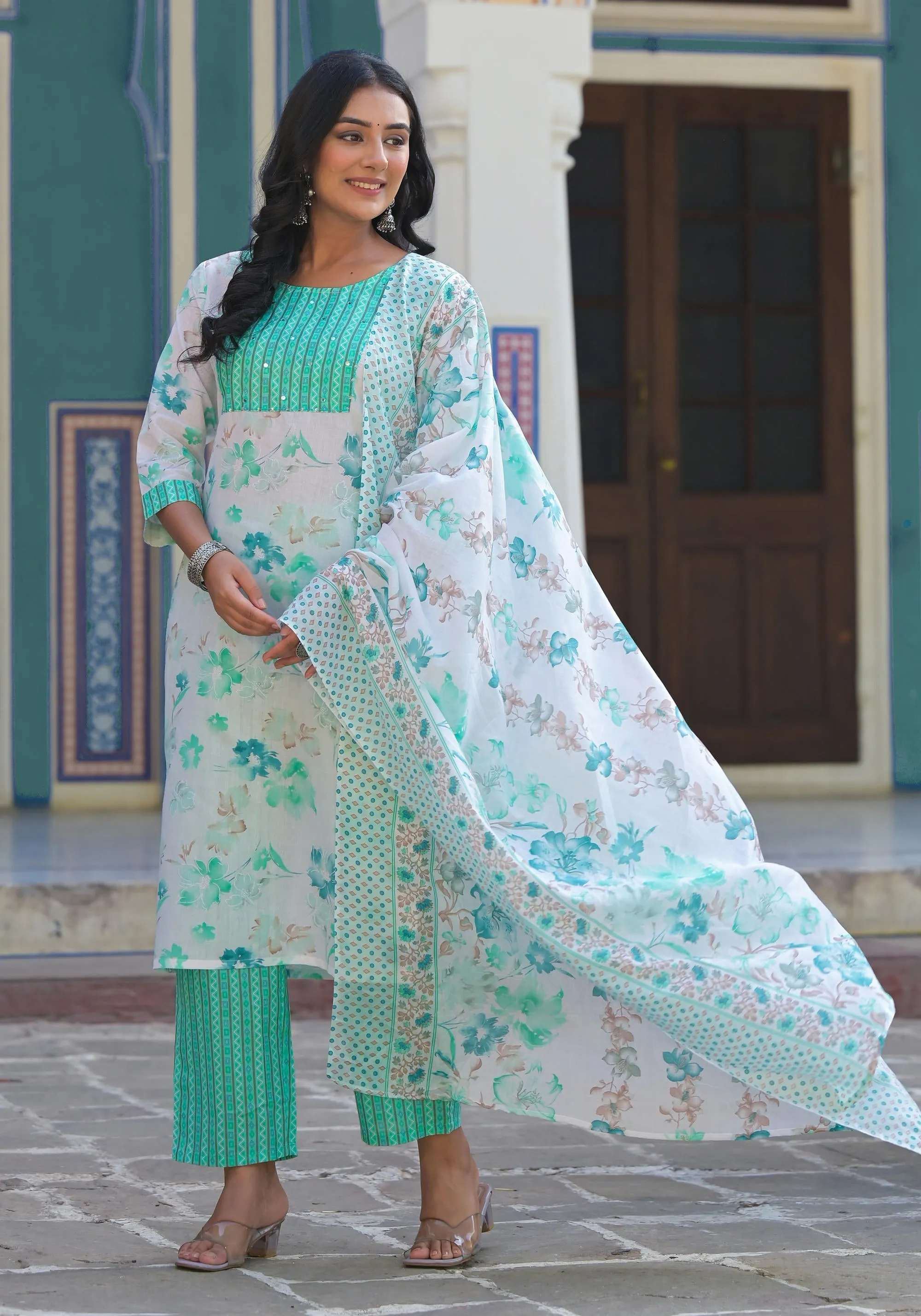 Green Floral Printed Cotton Kurta Pant With Dupatta Set With Sequins & Mirror Work