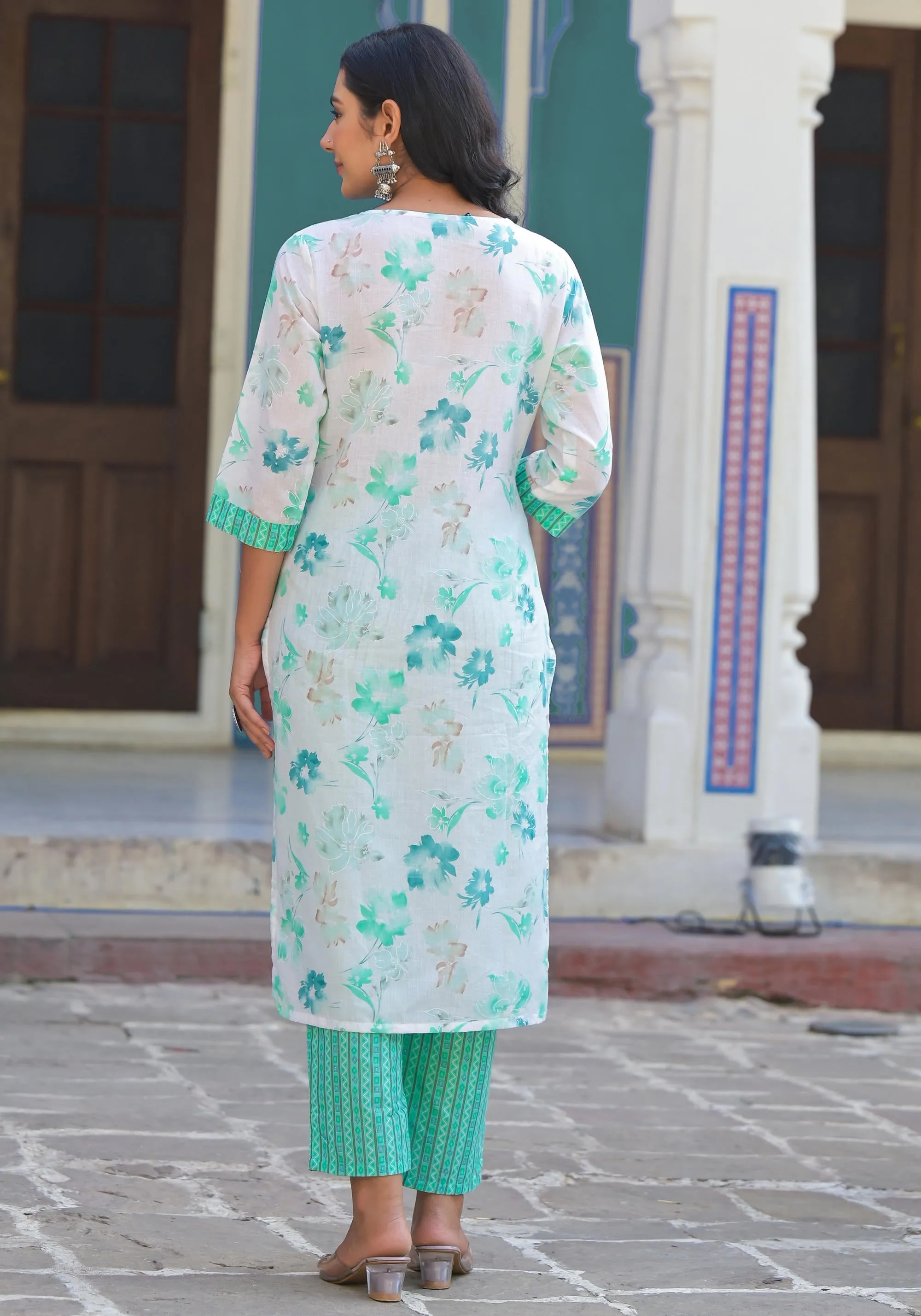 Green Floral Printed Cotton Kurta Pant With Dupatta Set With Sequins & Mirror Work