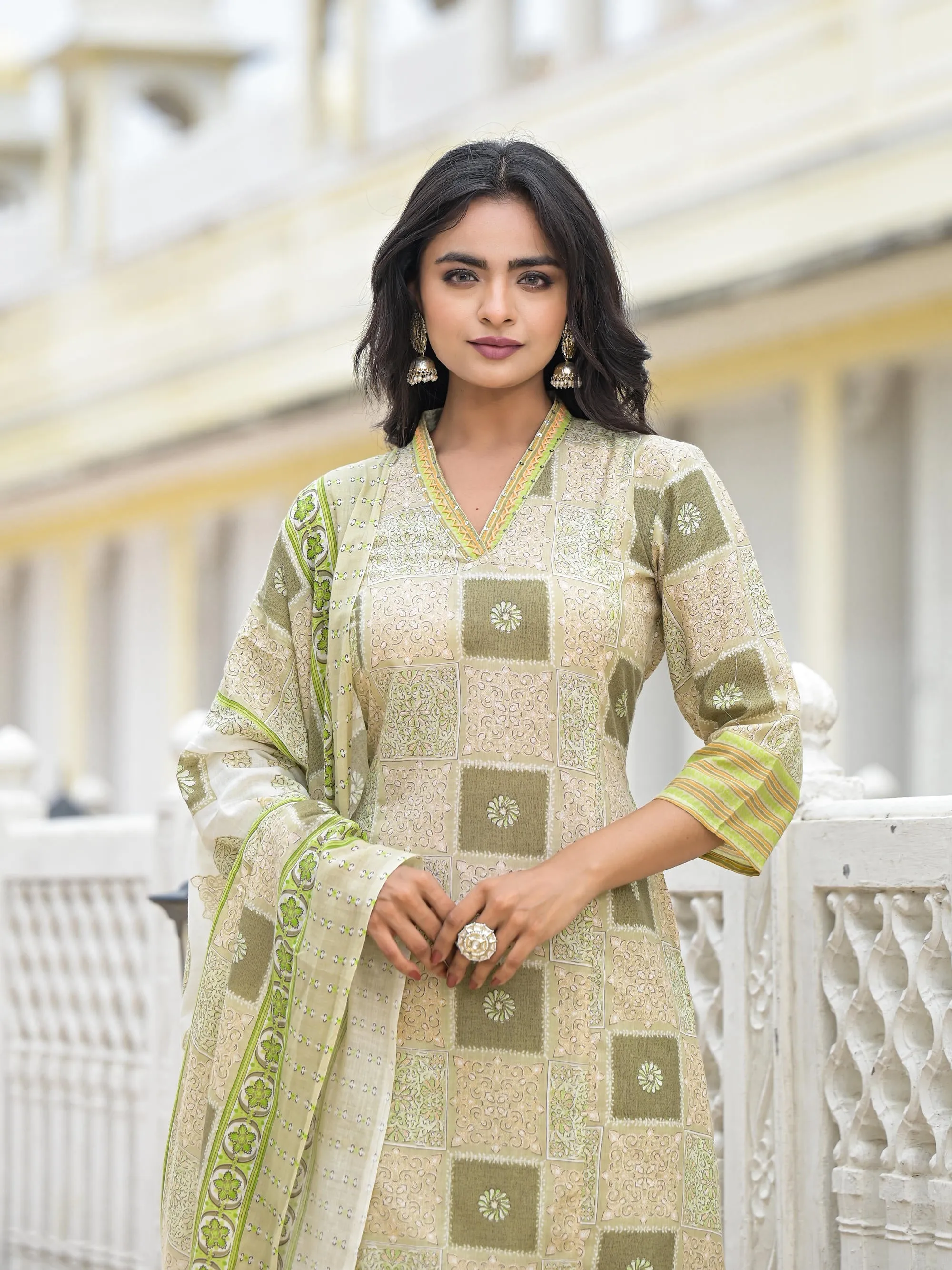 Green Floral Printed Cotton Kurta Pant With Dupatta Set With Thread Work & Sequins