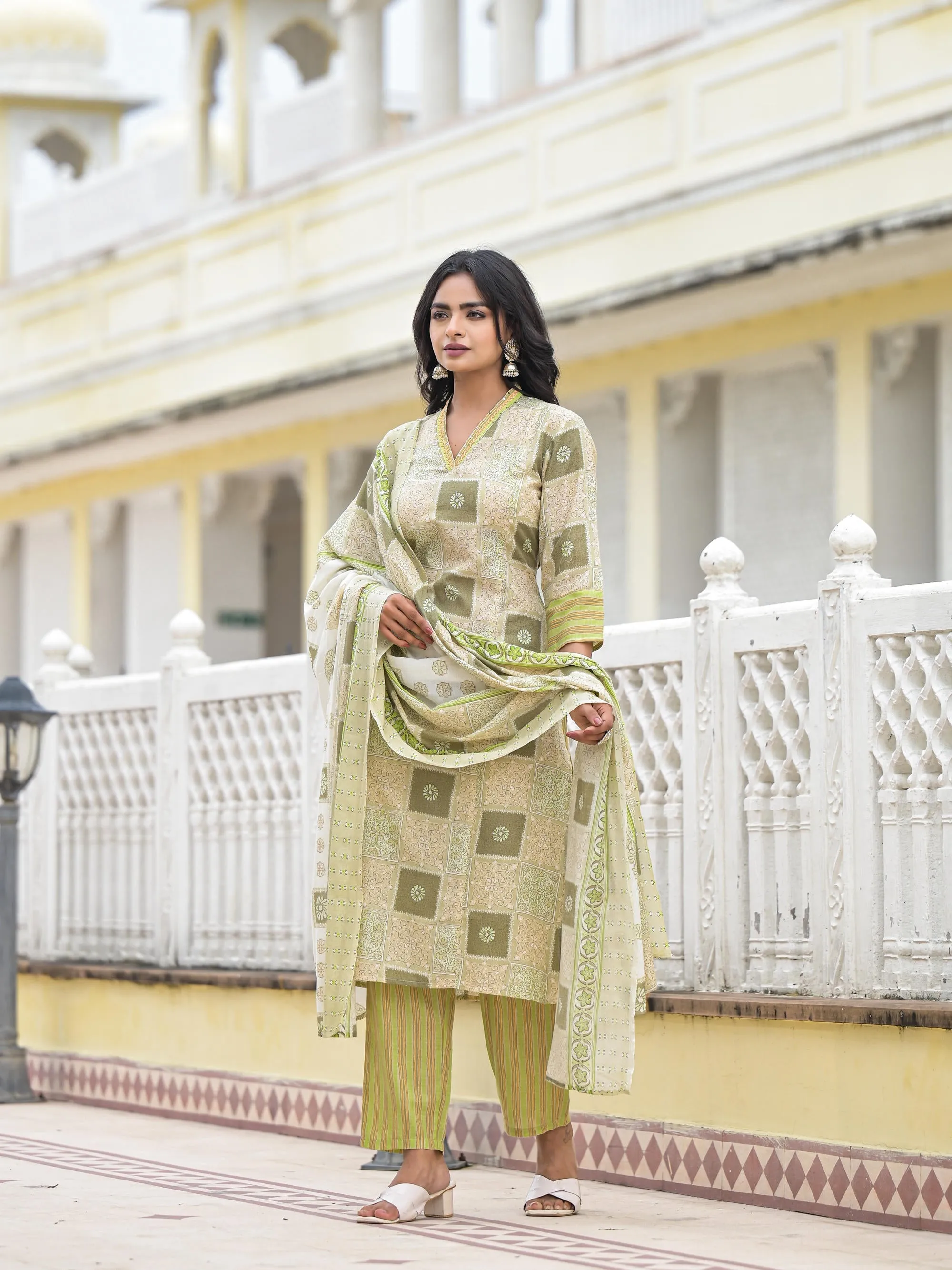 Green Floral Printed Cotton Kurta Pant With Dupatta Set With Thread Work & Sequins