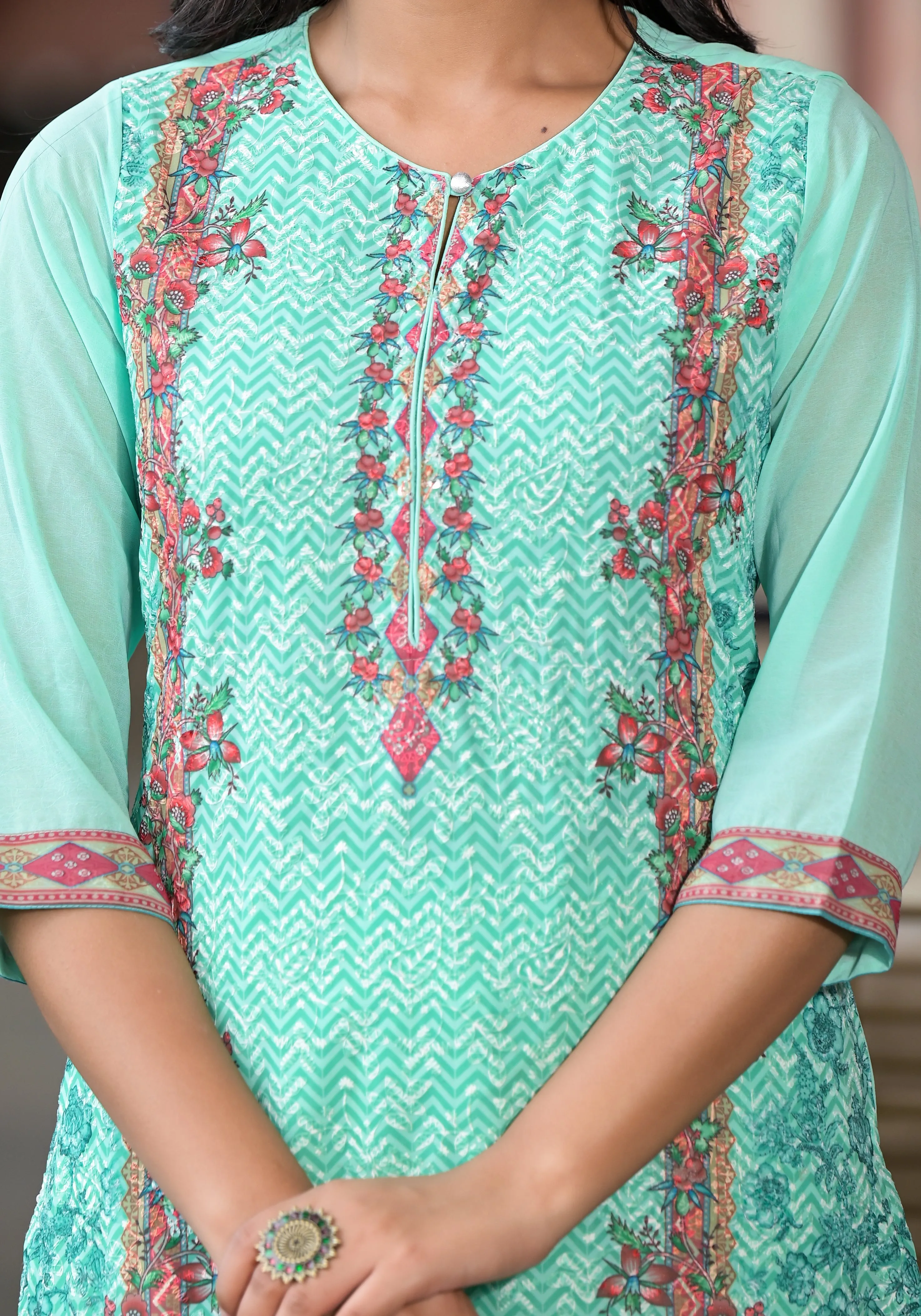 Green Floral Printed Georgette Kurta With Sequins