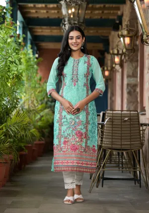 Green Floral Printed Georgette Kurta With Sequins