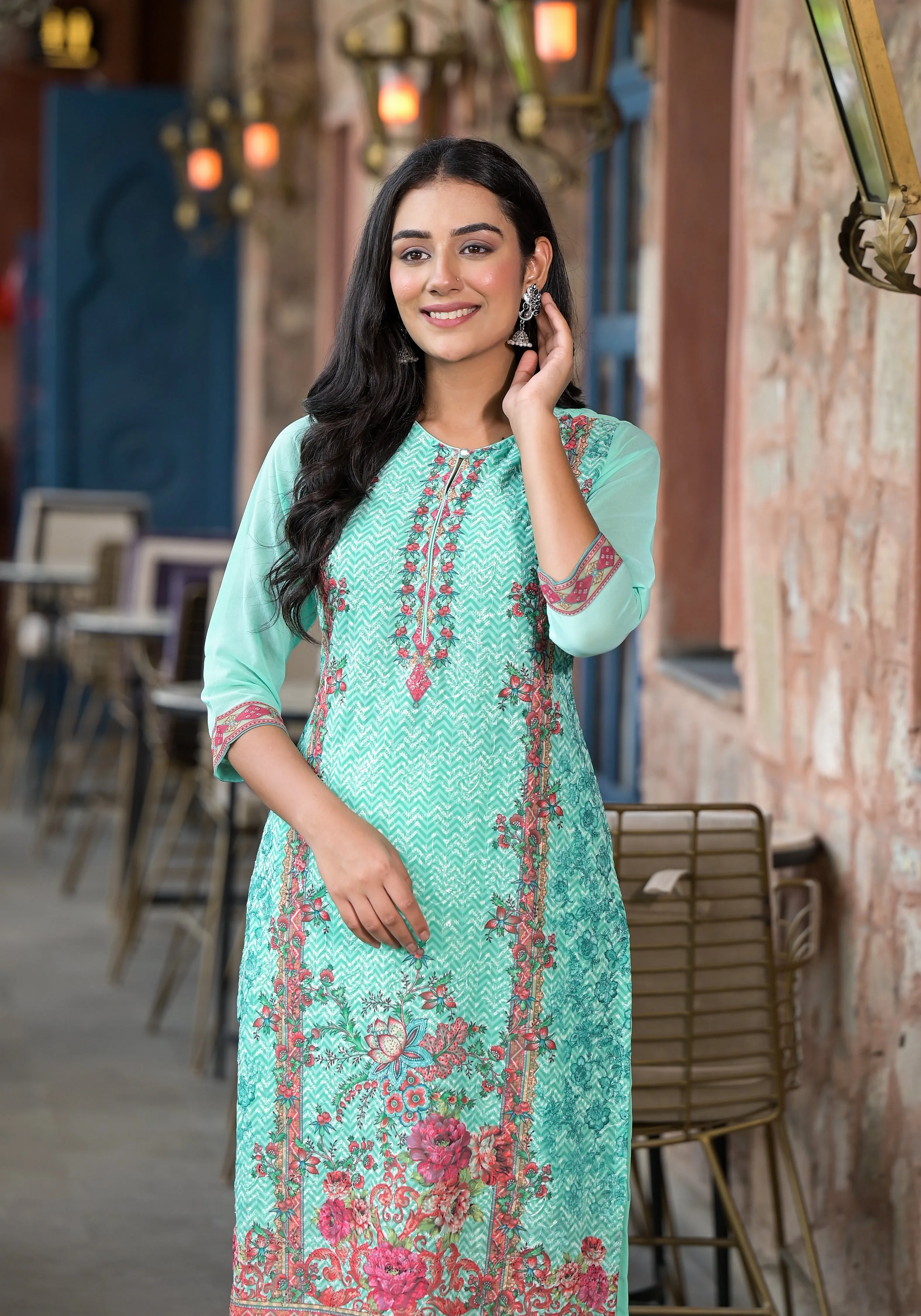 Green Floral Printed Georgette Kurta With Sequins