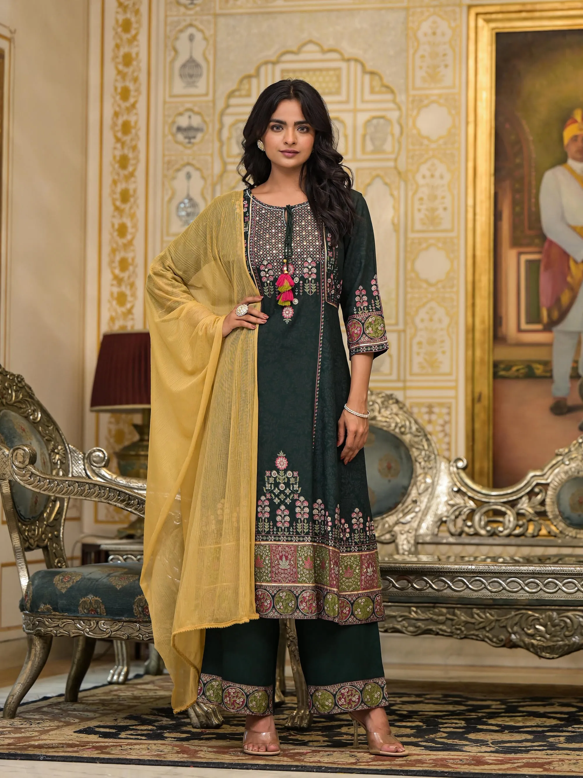 Green Floral Printed Rayon Kurta Pant With Dupatta Set With Thread Work & Tassels