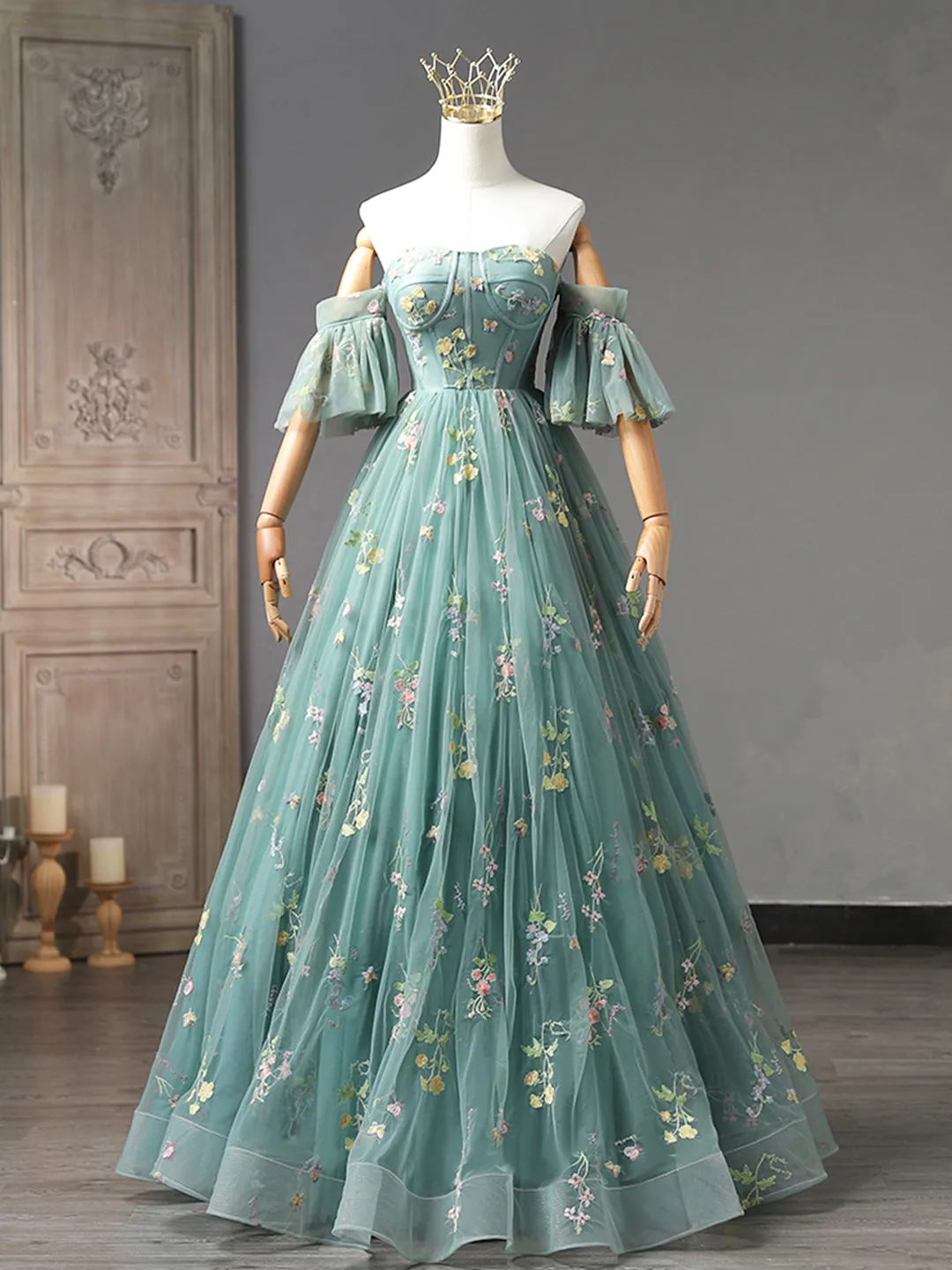 Green Floral Tulle Long Prom Dress Cute Off Shoulder Evening Party Dress