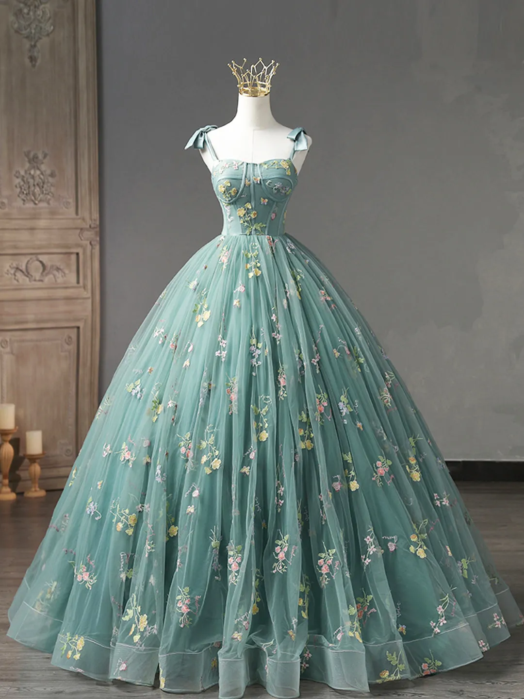 Green Floral Tulle Long Prom Dress Cute Off Shoulder Evening Party Dress