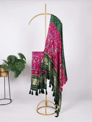 Green Gaji Silk Dupatta with Digital Prints & Lagadi Patta