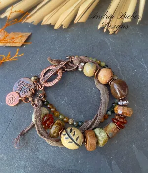 Green garnet, Baltic Amber, silk ribbon, ceramic, wood, watermelon tourmaline, multi strand, copper metal, bracelet.