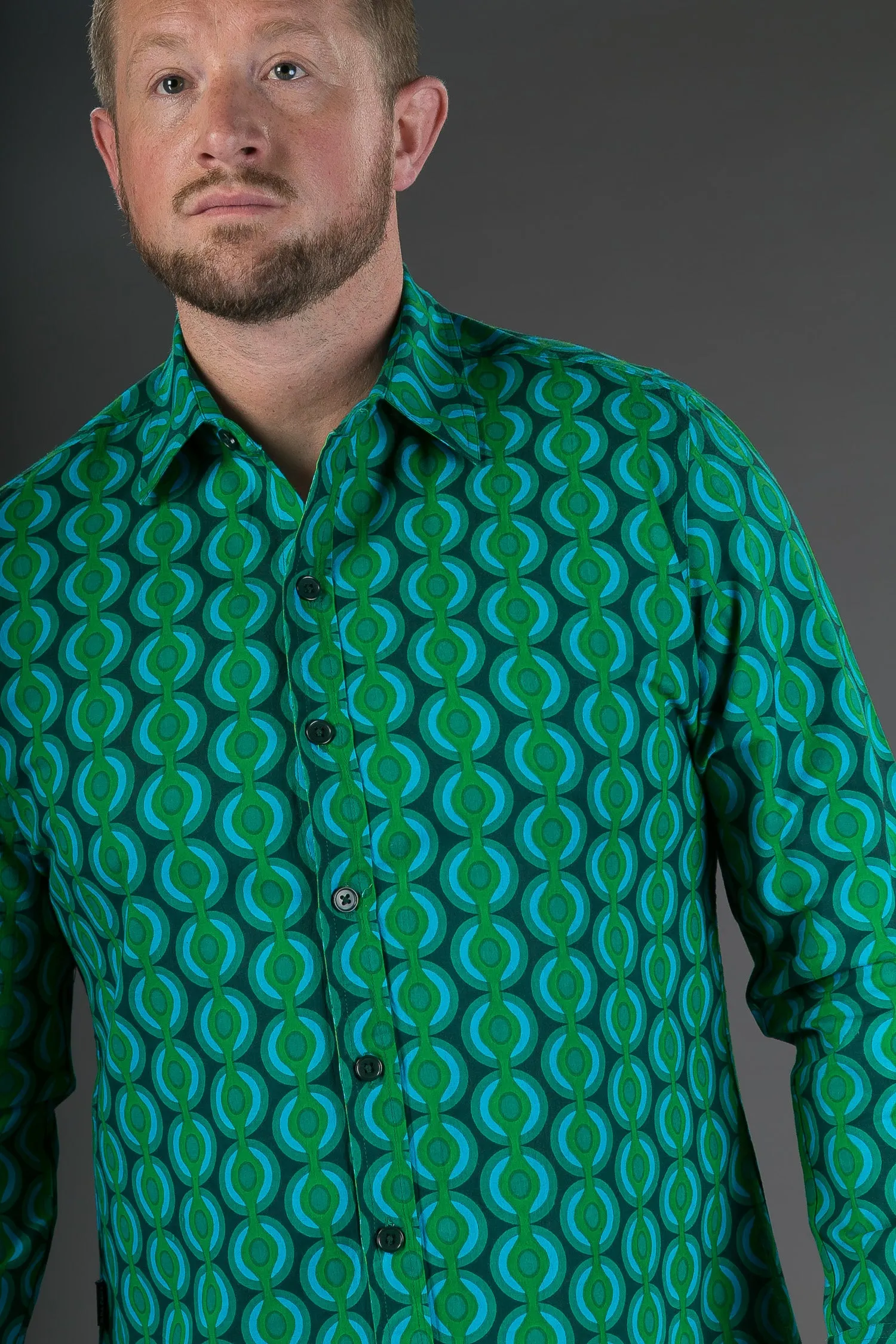 Green Geometric Print Cotton Slim and Regular Fit Mens Shirt Long Sleeve