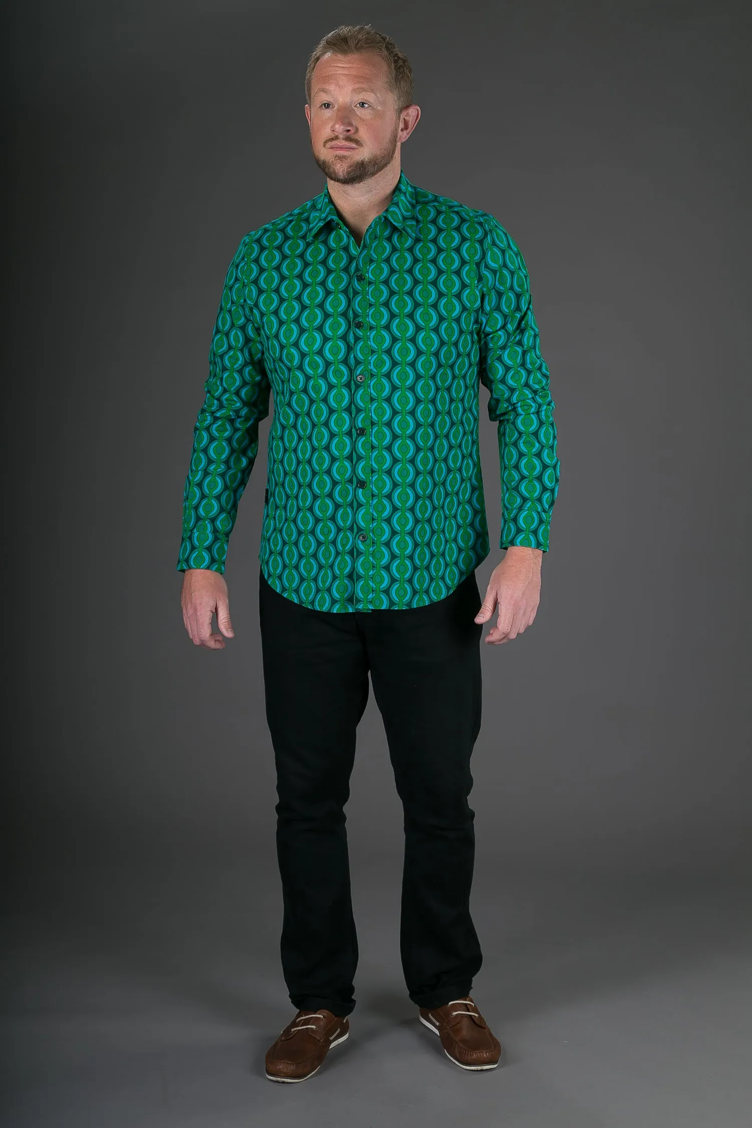 Green Geometric Print Cotton Slim and Regular Fit Mens Shirt Long Sleeve