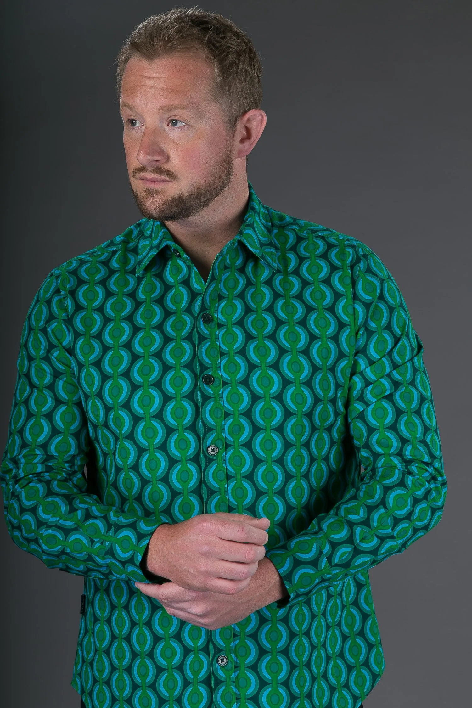 Green Geometric Print Cotton Slim and Regular Fit Mens Shirt Long Sleeve