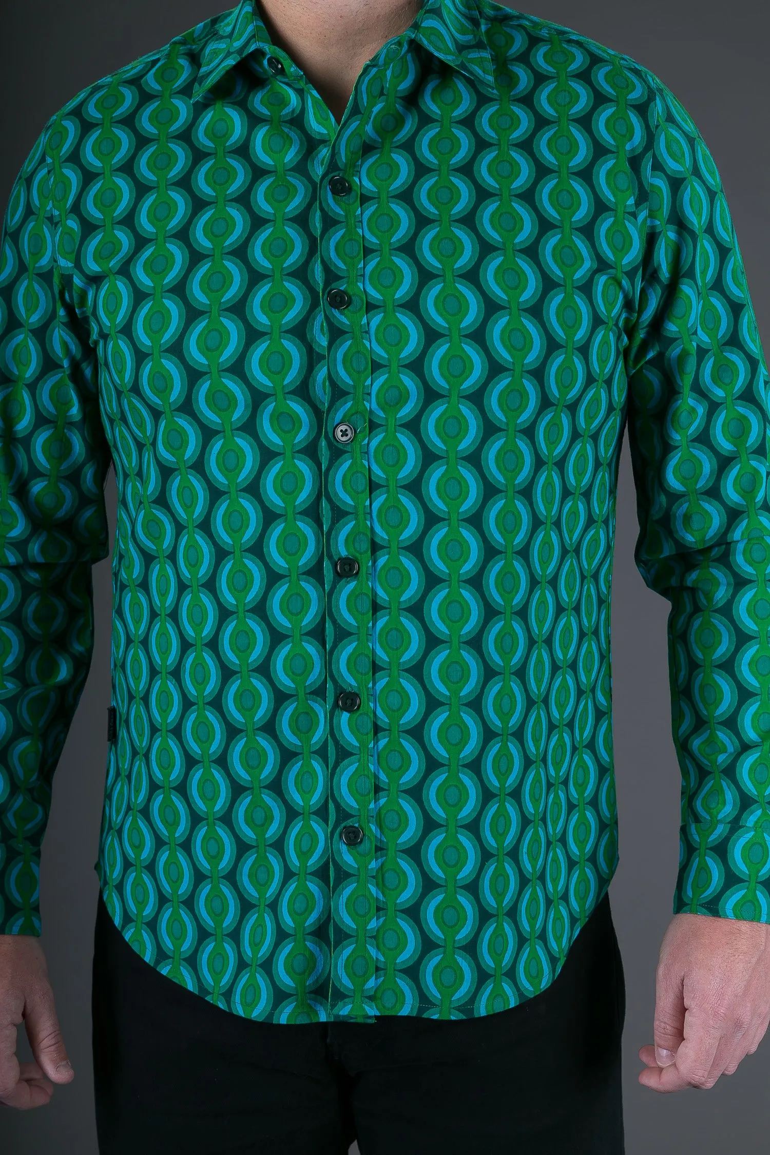 Green Geometric Print Cotton Slim and Regular Fit Mens Shirt Long Sleeve