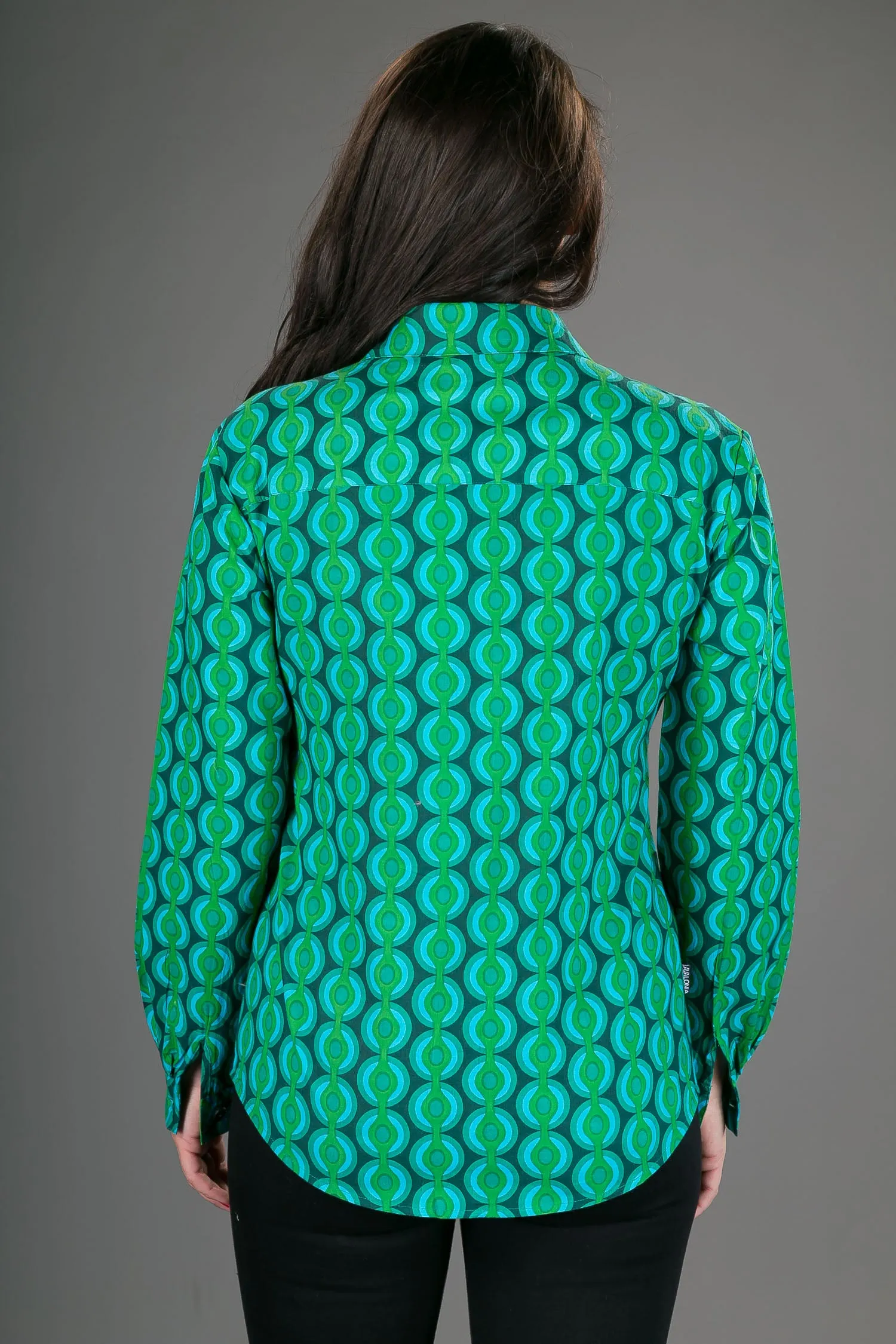 Green Geometric Print Cotton Slim Fit Womens Shirt Long Sleeve