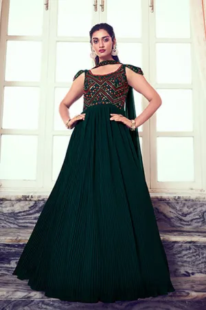 Green Georgette Embroidered Gown with Stylish Dupatta Collection