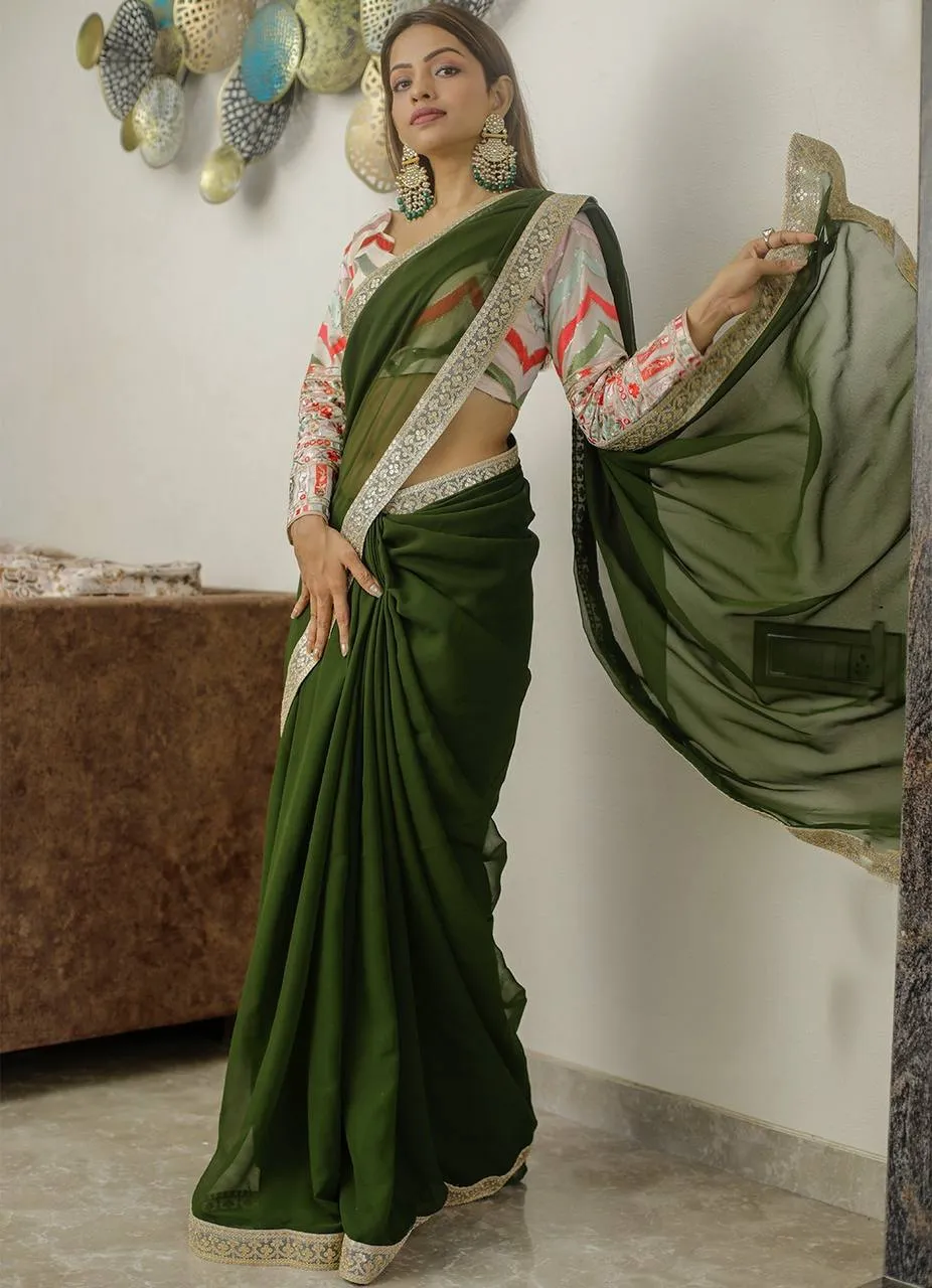 Green Georgette Embroidery Saree