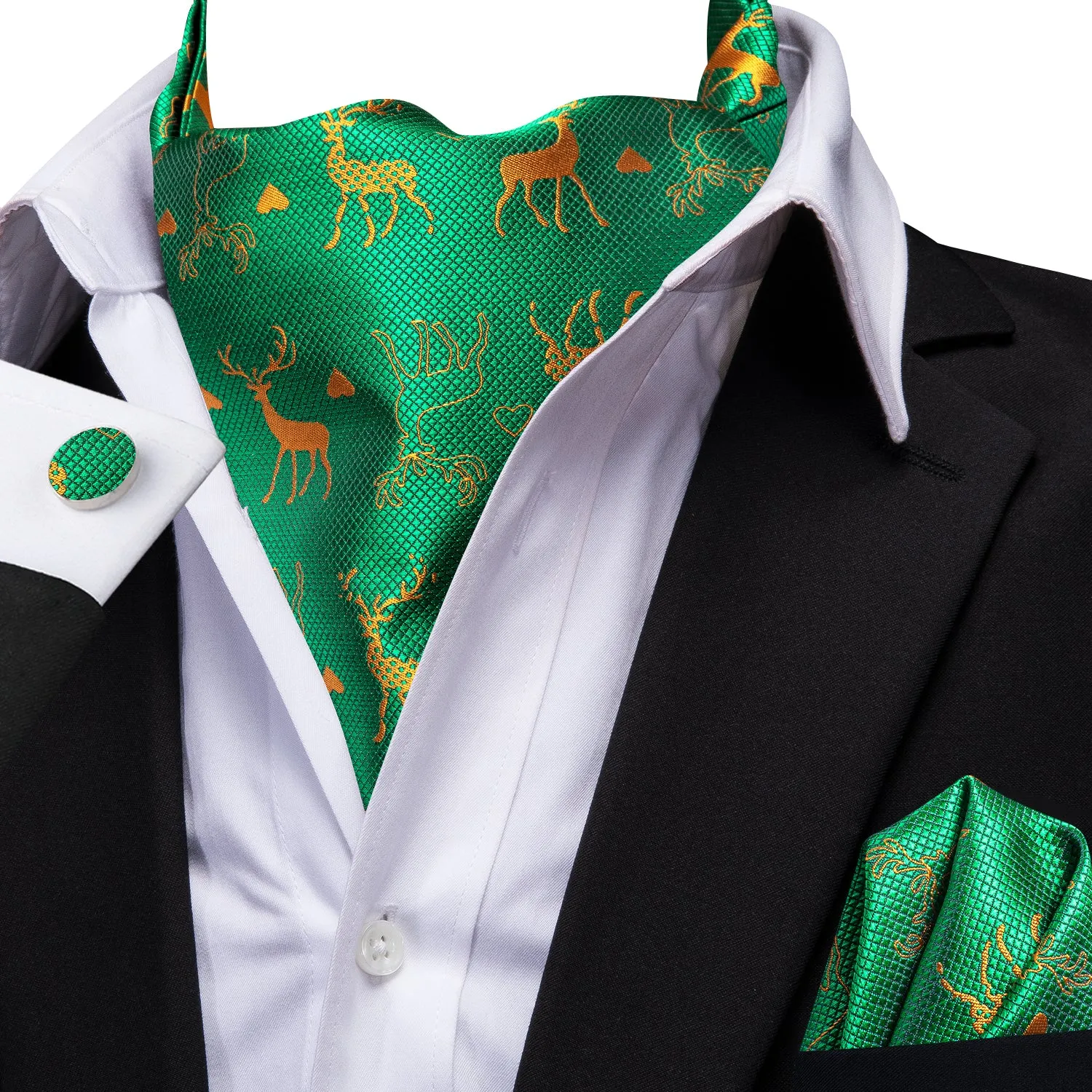 Green Gold Christmas Deer Ascot Pocket Square Cufflinks Set