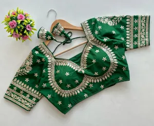 Green Golden Embroidered Blubbery Silk Blouse with Sequins