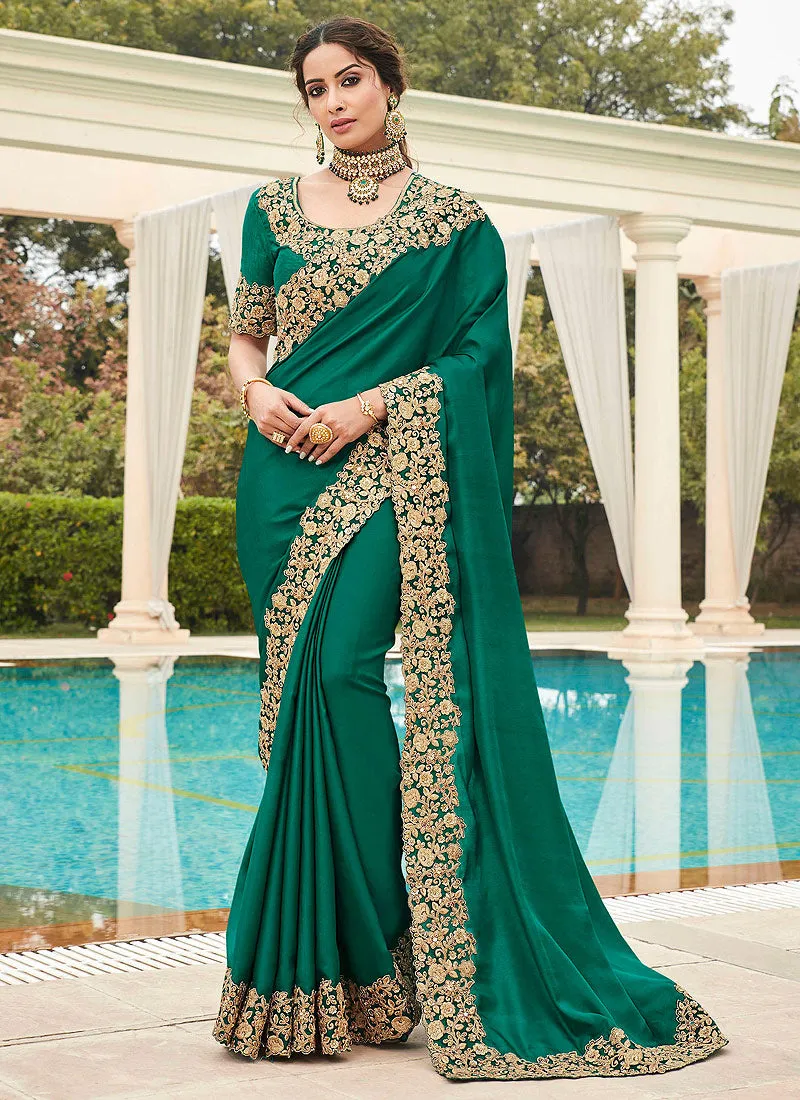 Green Golden Embroidered Designer Silk Saree