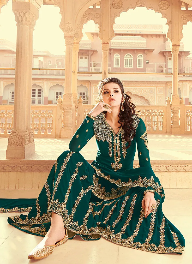 Green Golden Embroidered Palazzo Suit