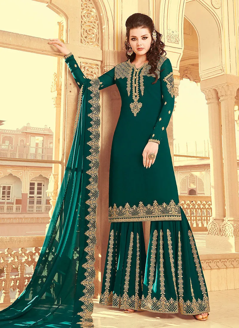 Green Golden Embroidered Palazzo Suit